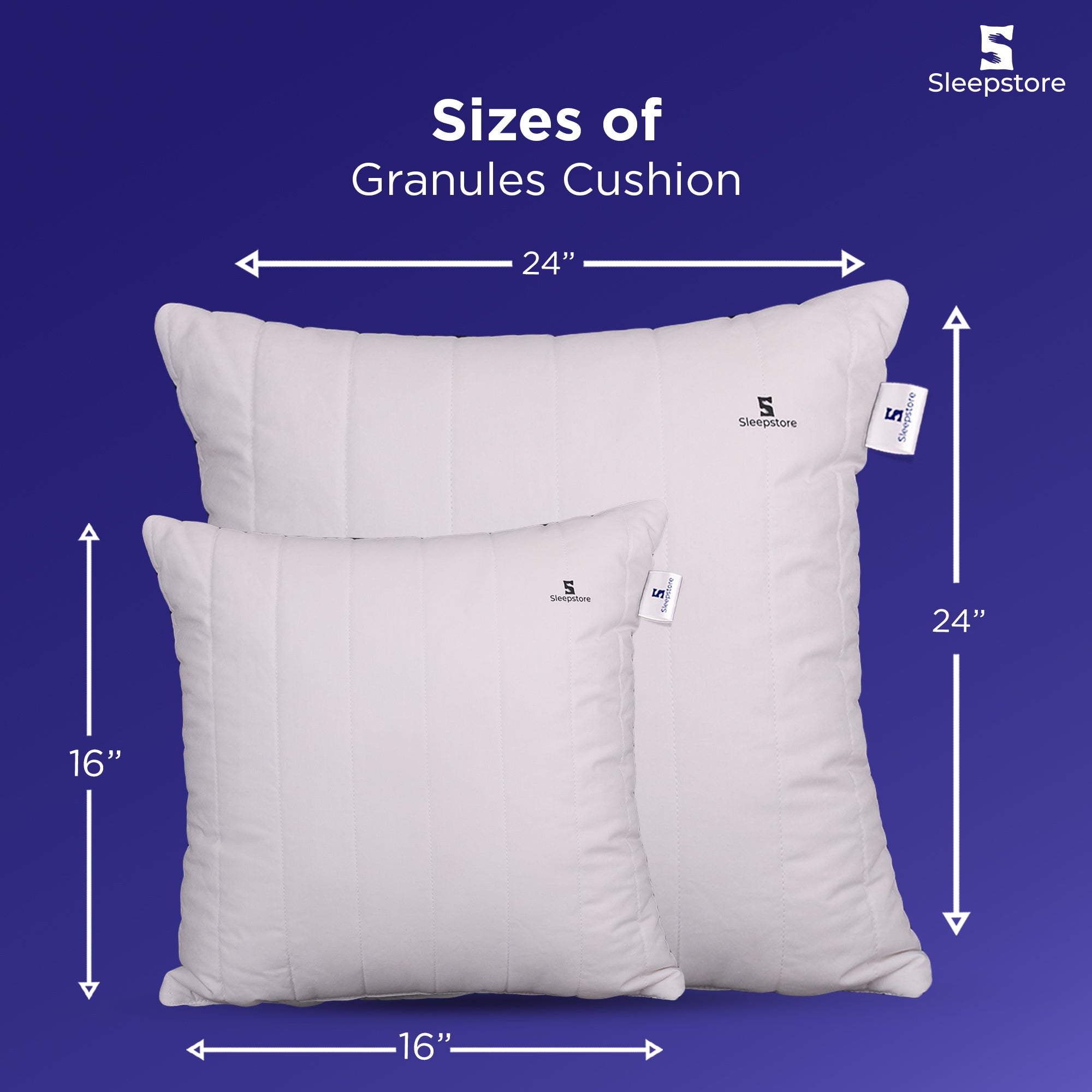 Sleepstore granules cushions in 16x16 and 24x24 inch sizes displayed on blue background.