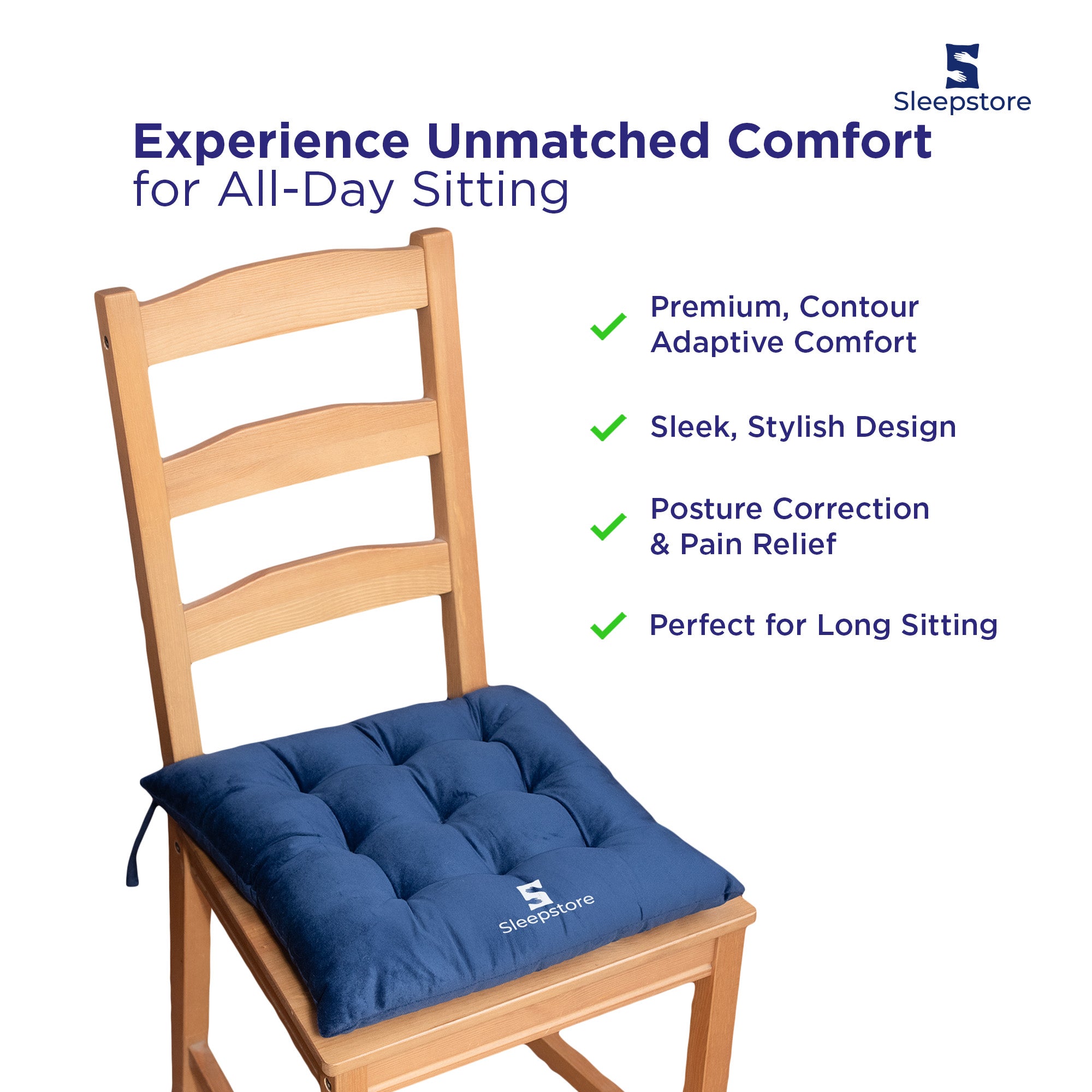 Blue Sleepstore chair pad cushion on wooden chair for comfort, posture, and pain relief.