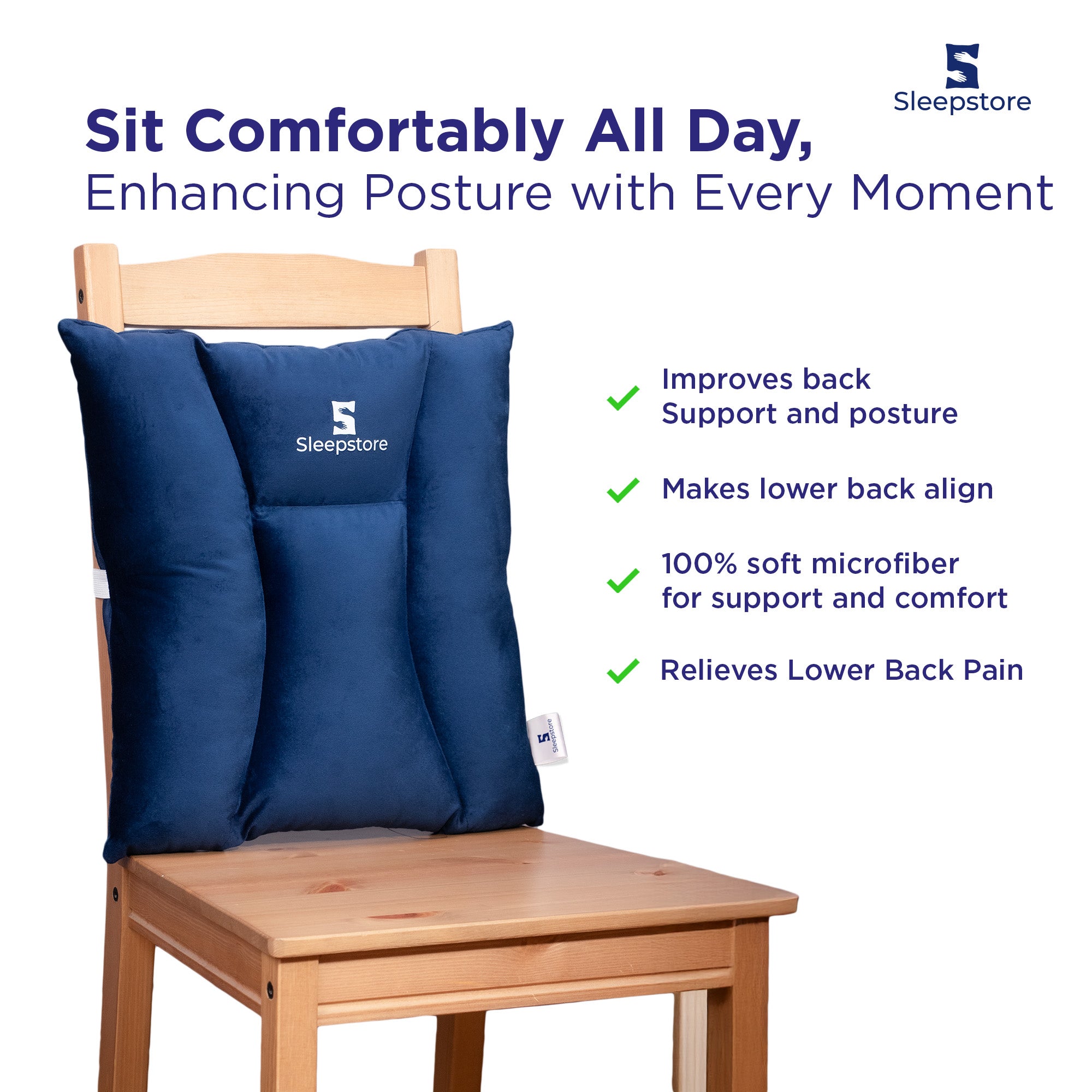 Sleepstore back cushion on chair for posture improvement, support, and pain relief.