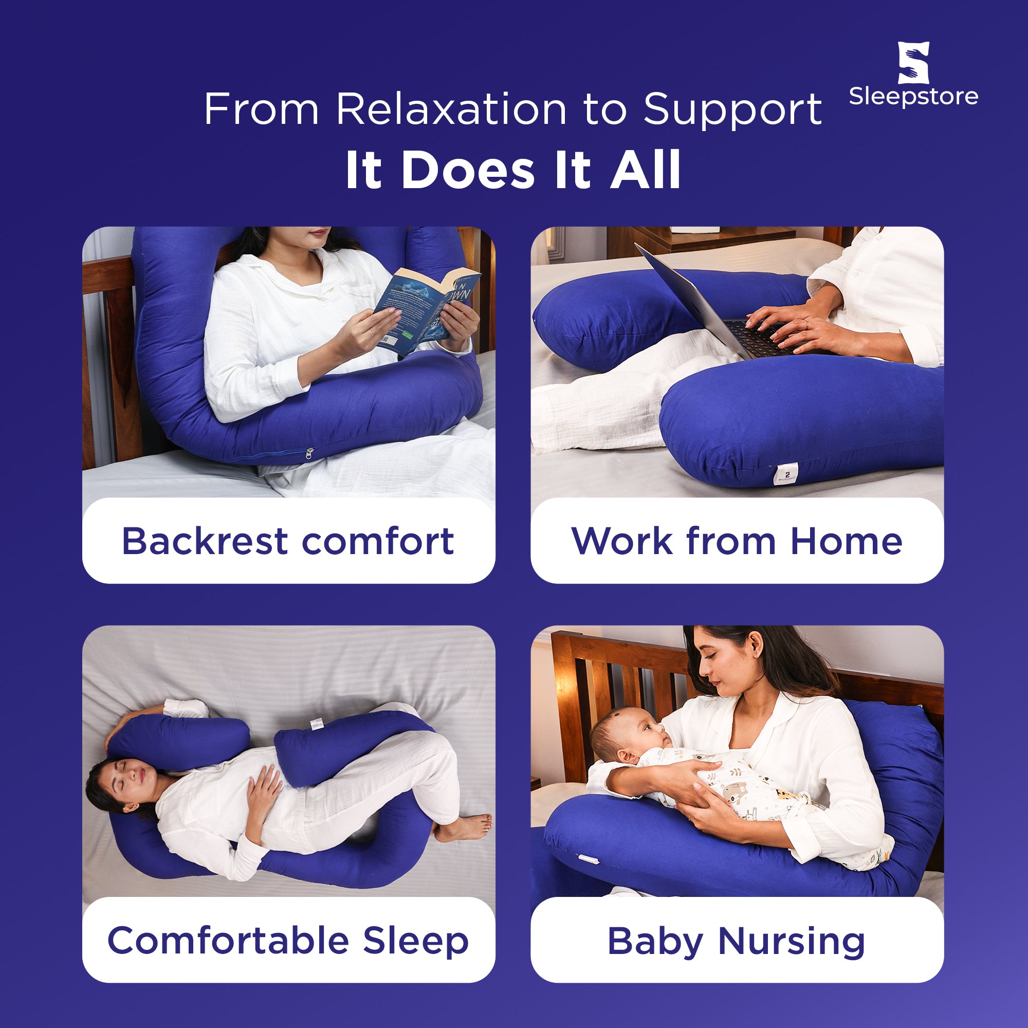 Maternity pillow used for backrest, work, sleep, and baby nursing support.