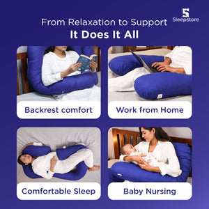 Maternity pillow used for backrest, work, sleep, and baby nursing support.