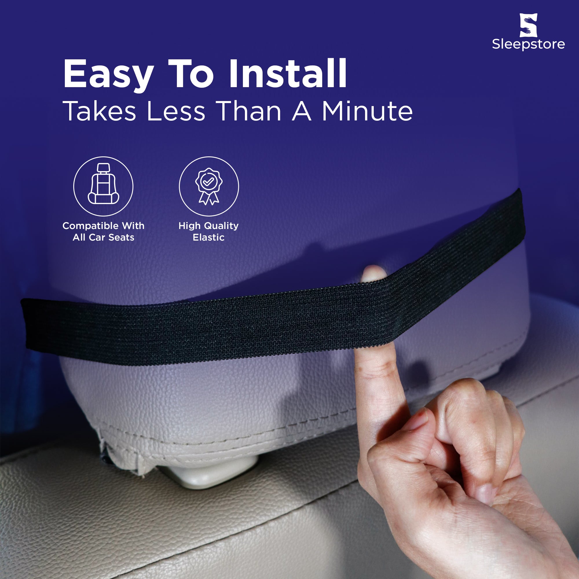 Hand stretching black elastic strap on car seat headrest showing easy installation of neck pillow.