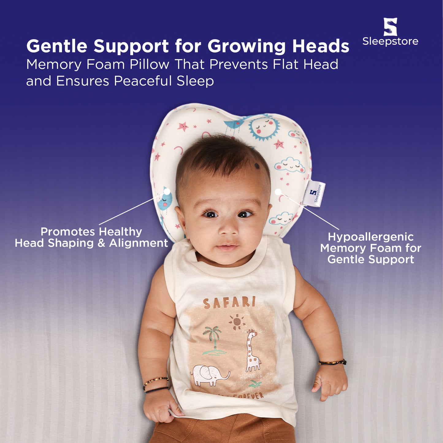 Baby using memory foam pillow for healthy head shaping and gentle sleep support.