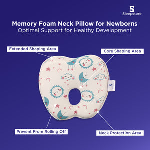 Memory foam neck pillow for newborns with shaping zones and neck protection.