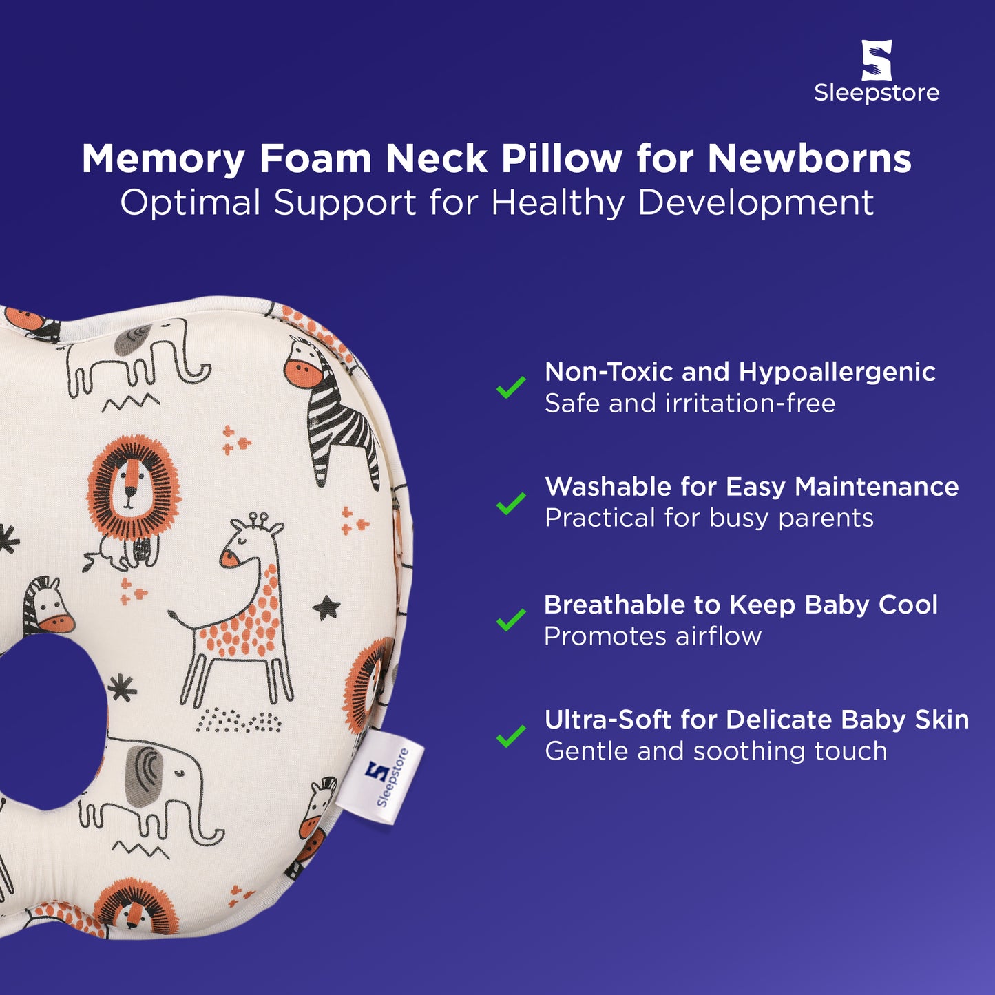 Memory foam neck pillow for newborns with hypoallergenic, breathable fabric.