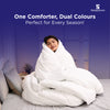 Woman wrapped in a fluffy white dual-color comforter, relaxing cozily on bed.