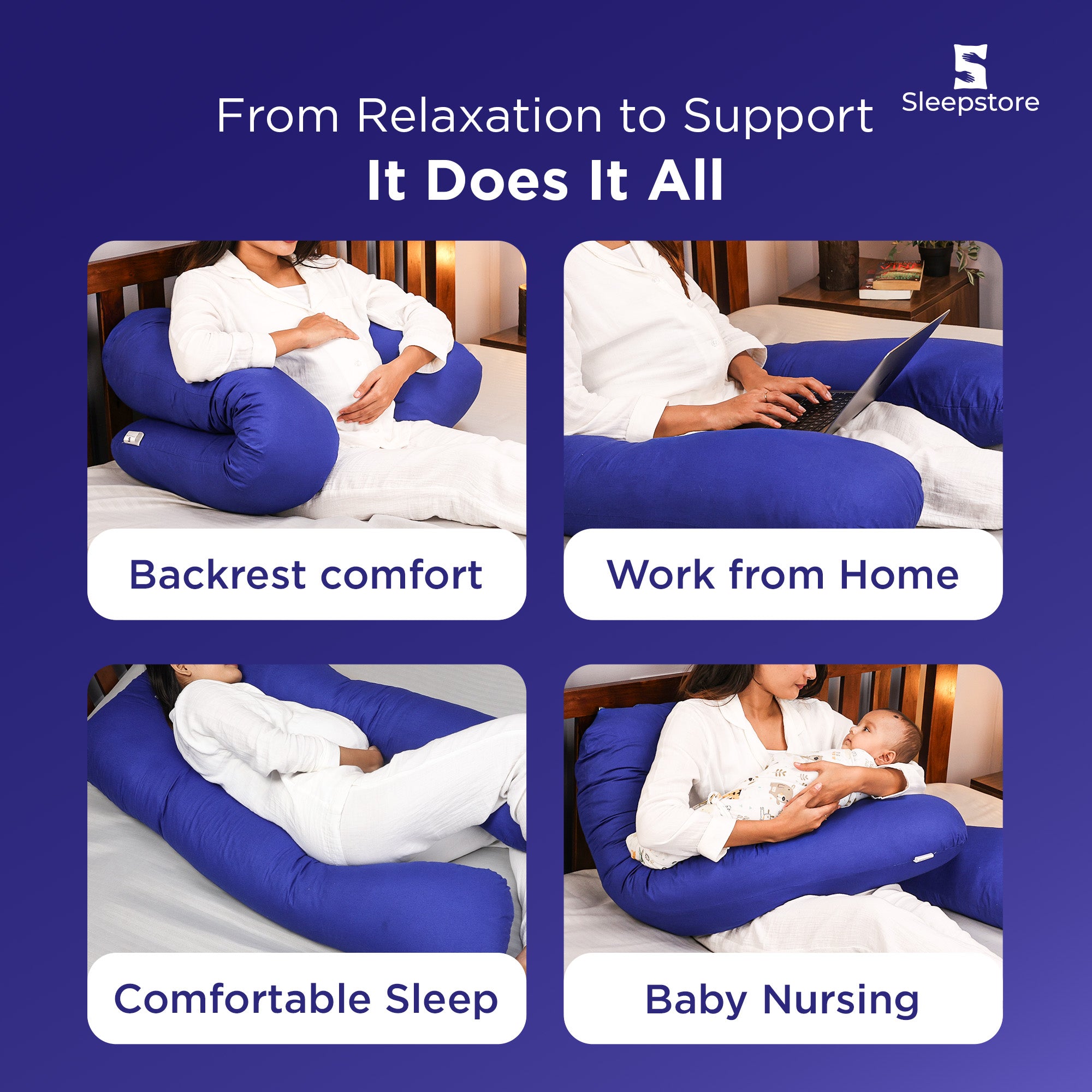 Multi-use blue body pillow for backrest, work from home, sleep, and baby nursing.