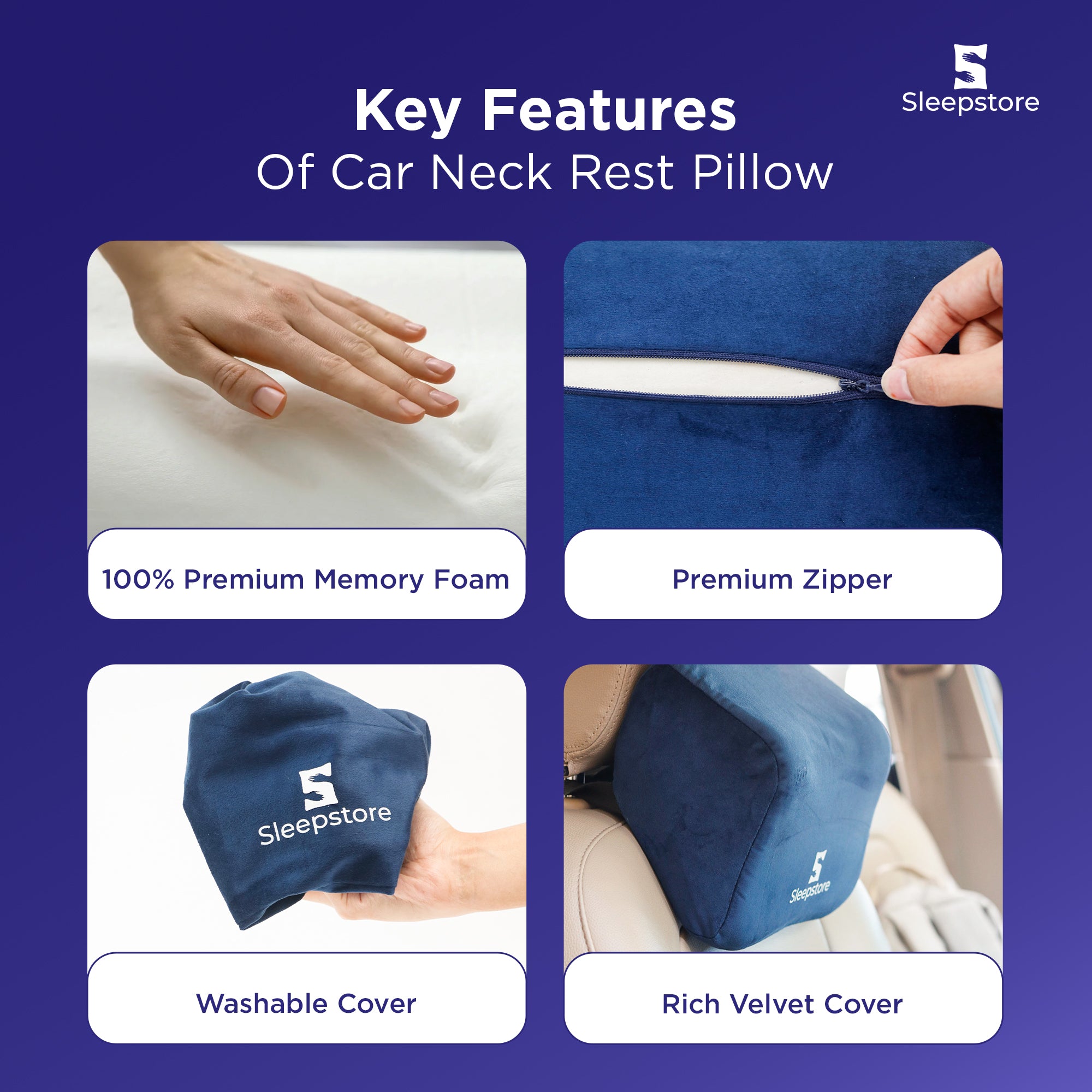 Key features of car neck rest pillow showing memory foam, premium zipper, washable cover, and rich velvet cover.