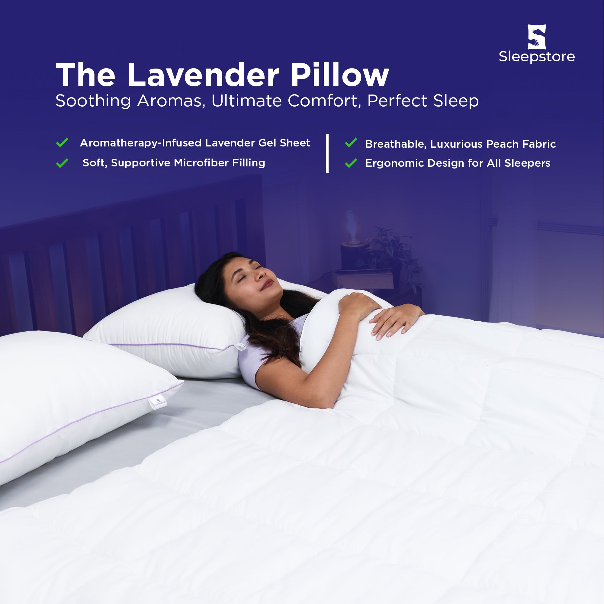 Woman sleeping peacefully on Sleepstore lavender pillow for comfort and relaxation.