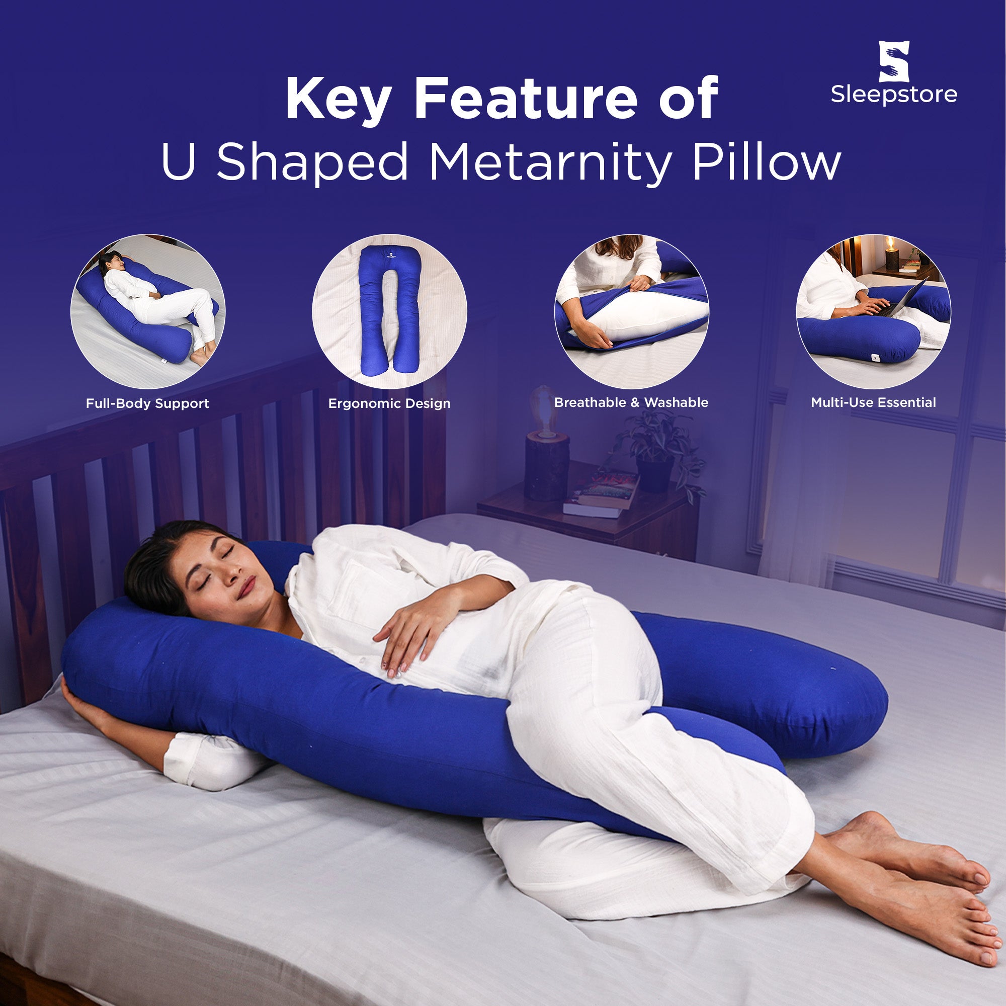 U-shaped maternity pillow offering full-body support, ergonomic design, and comfort.