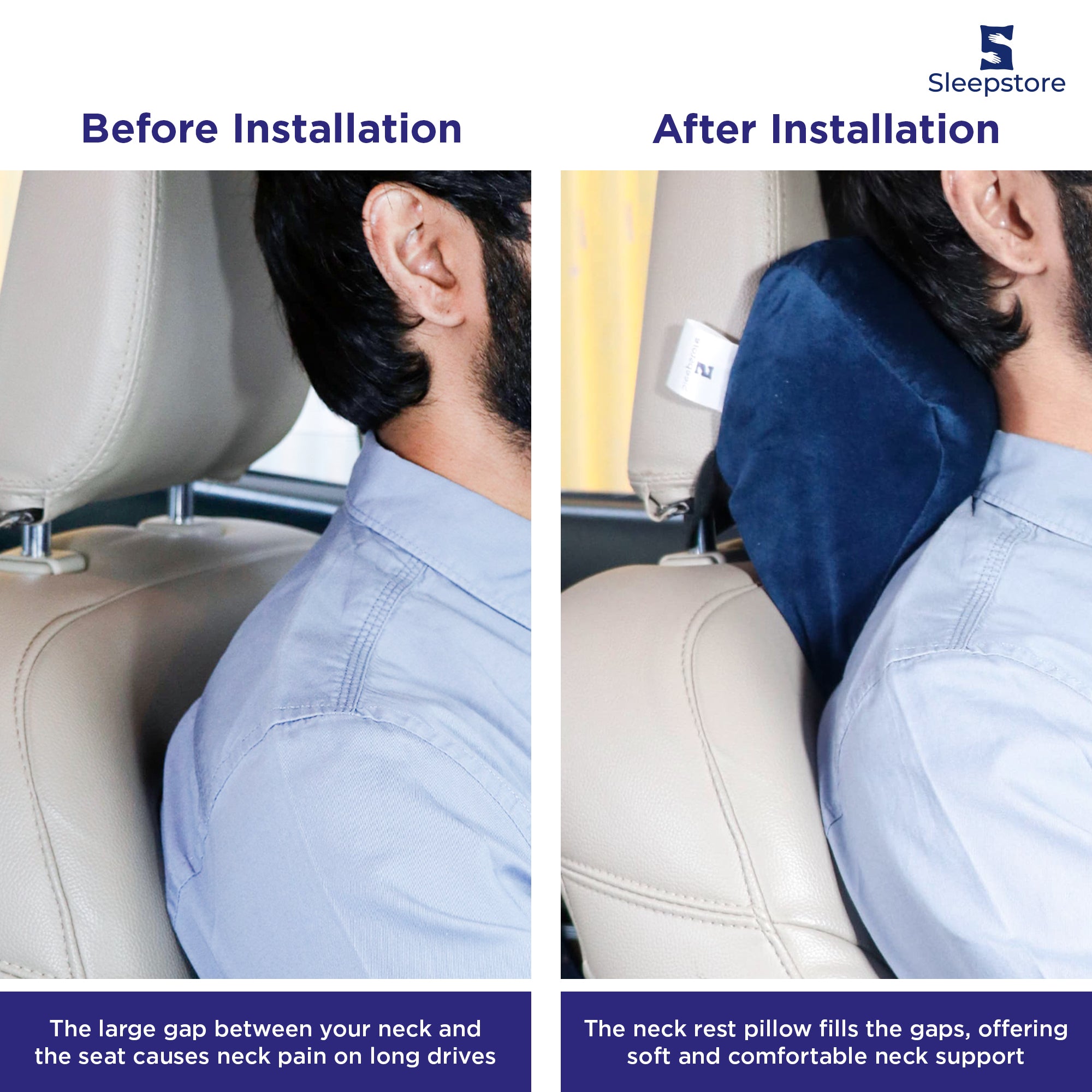 Driver’s posture before and after using Sleepstore neck rest pillow, showing better neck support and comfort.