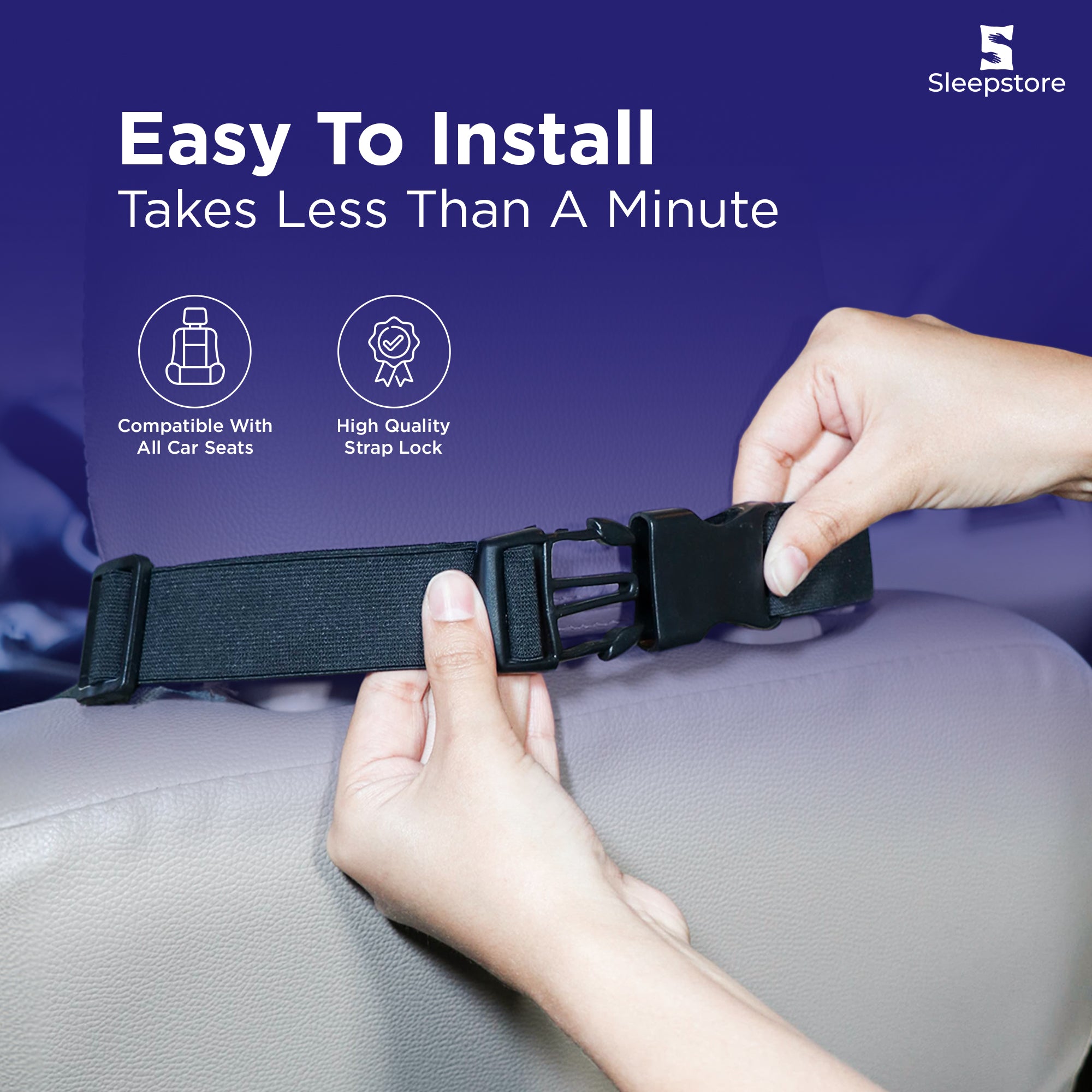 Hands installing a Sleepstore car seat strap lock, easy to use and quick setup.