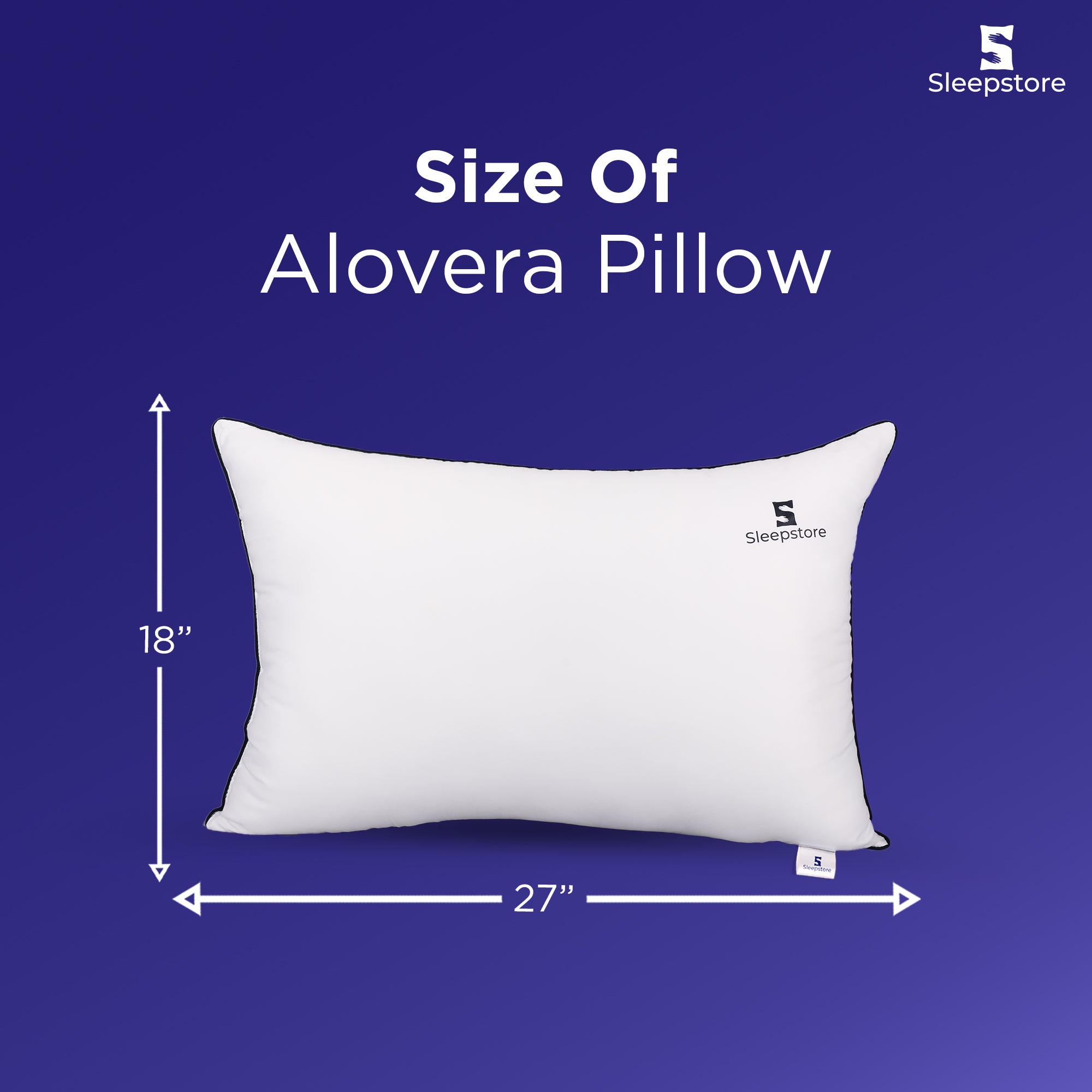 White Sleepstore aloe Vera pillow with dimensions 18x27 inches shown on a blue background.