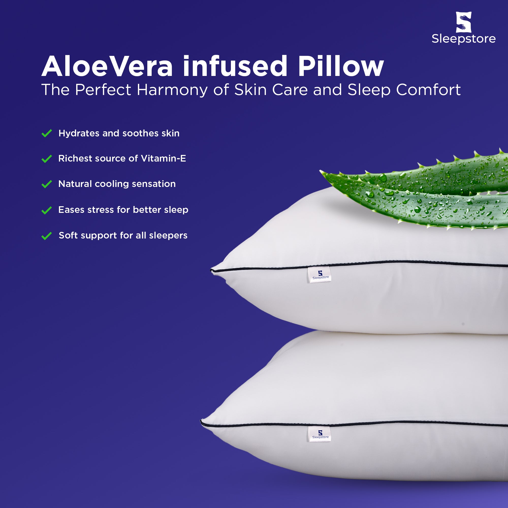Aloe vera infused Sleepstore pillows offering skin care, cooling comfort, and soft support.