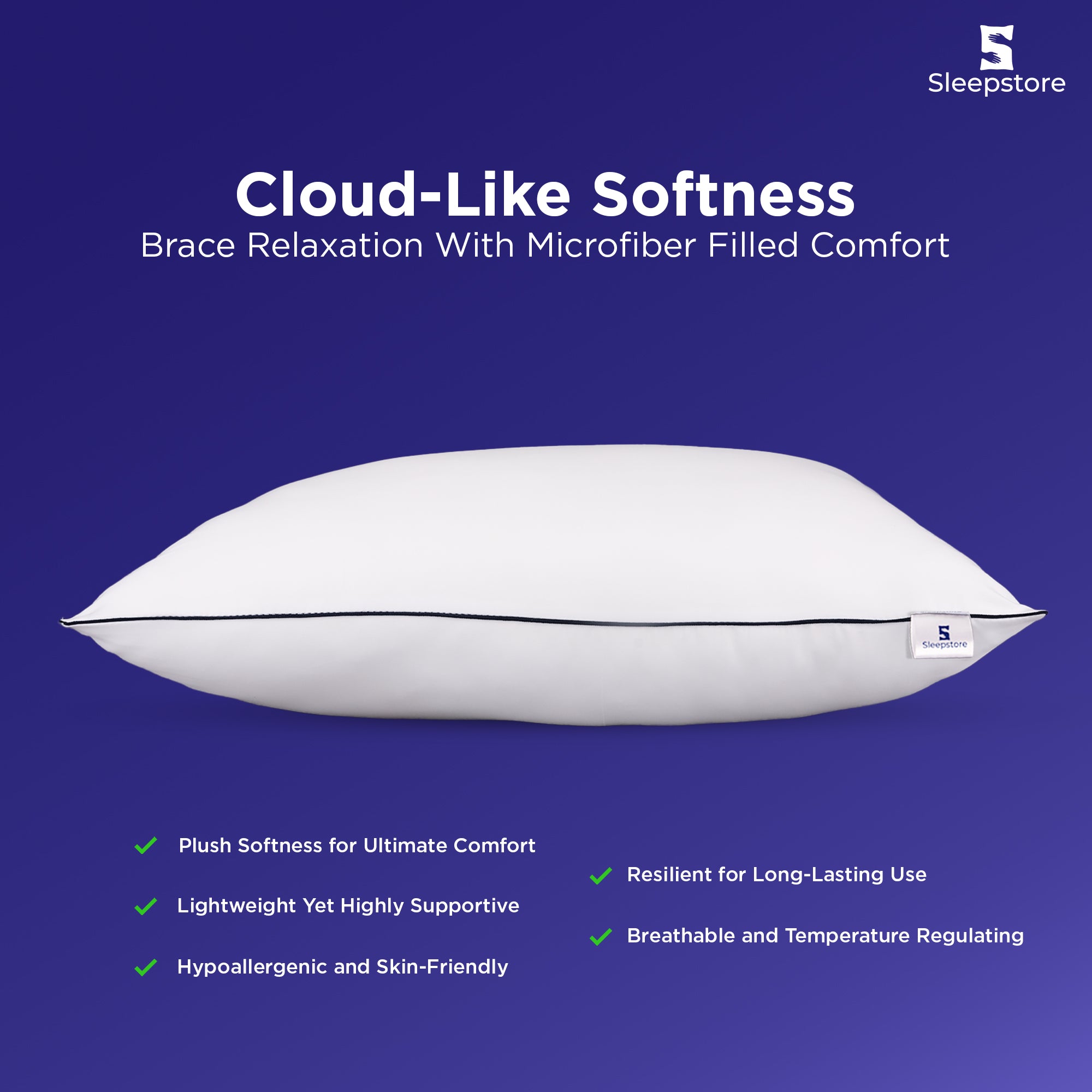 White Sleepstore microfiber pillow offering cloud-like softness, breathable comfort, and support.