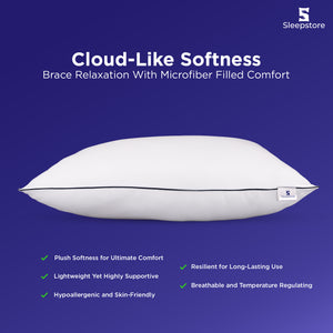 White Sleepstore microfiber pillow offering cloud-like softness, breathable comfort, and support.
