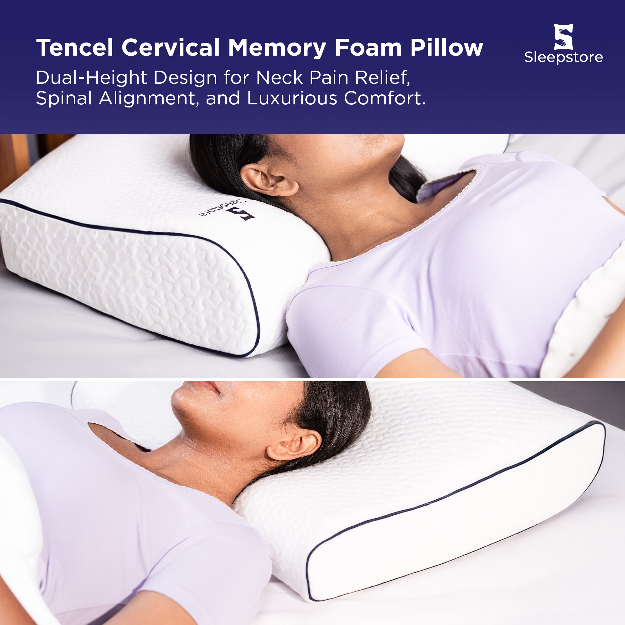 Woman resting on Sleepstore Tencel Cervical Memory Foam Pillow with dual-height design for neck pain relief, spinal alignment, and luxurious comfort.