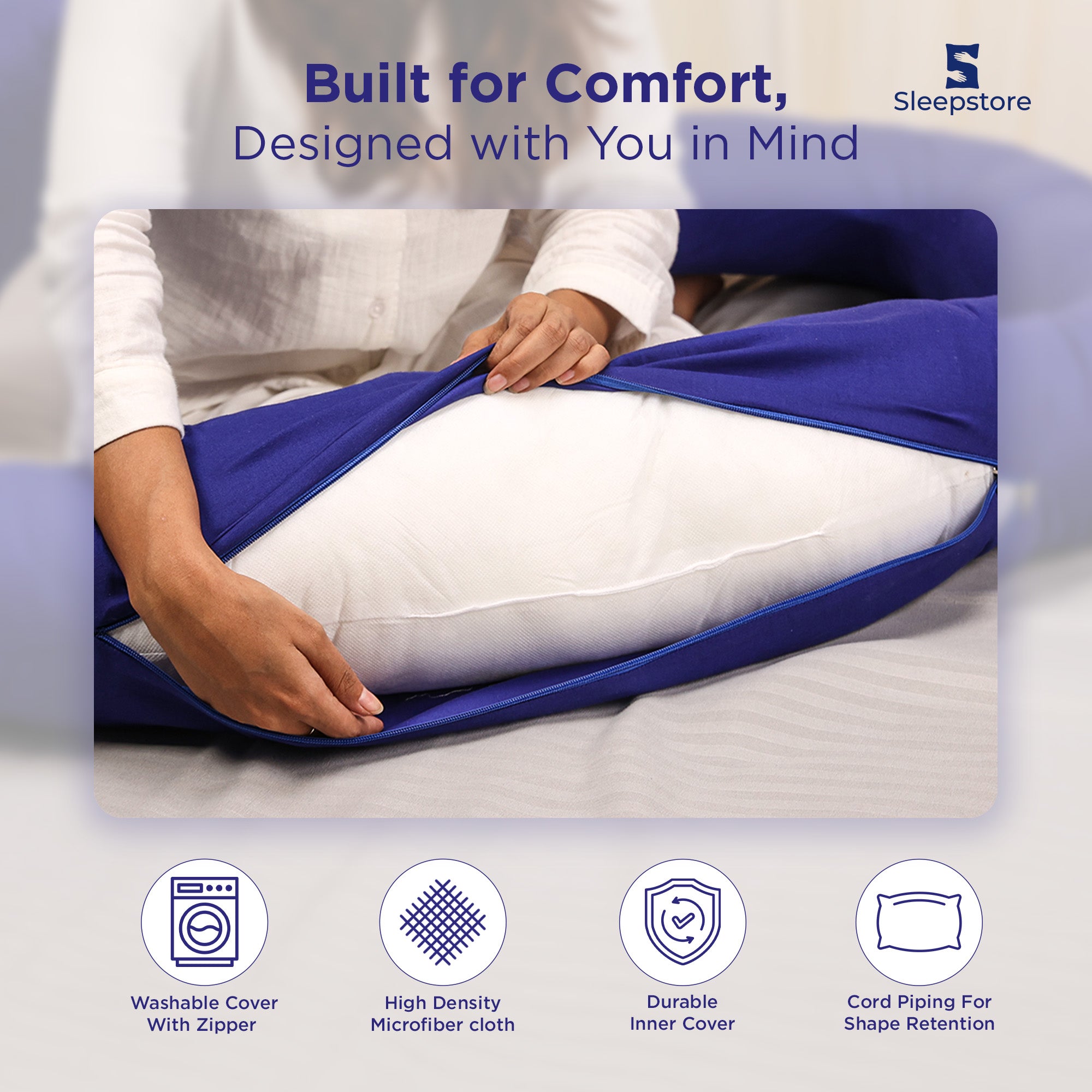 Close-up of maternity pillow with washable zip cover and durable inner filling.