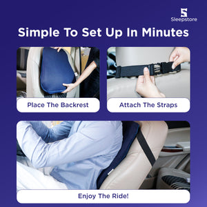 Easy backrest setup in car: place, strap, and enjoy comfortable driving.