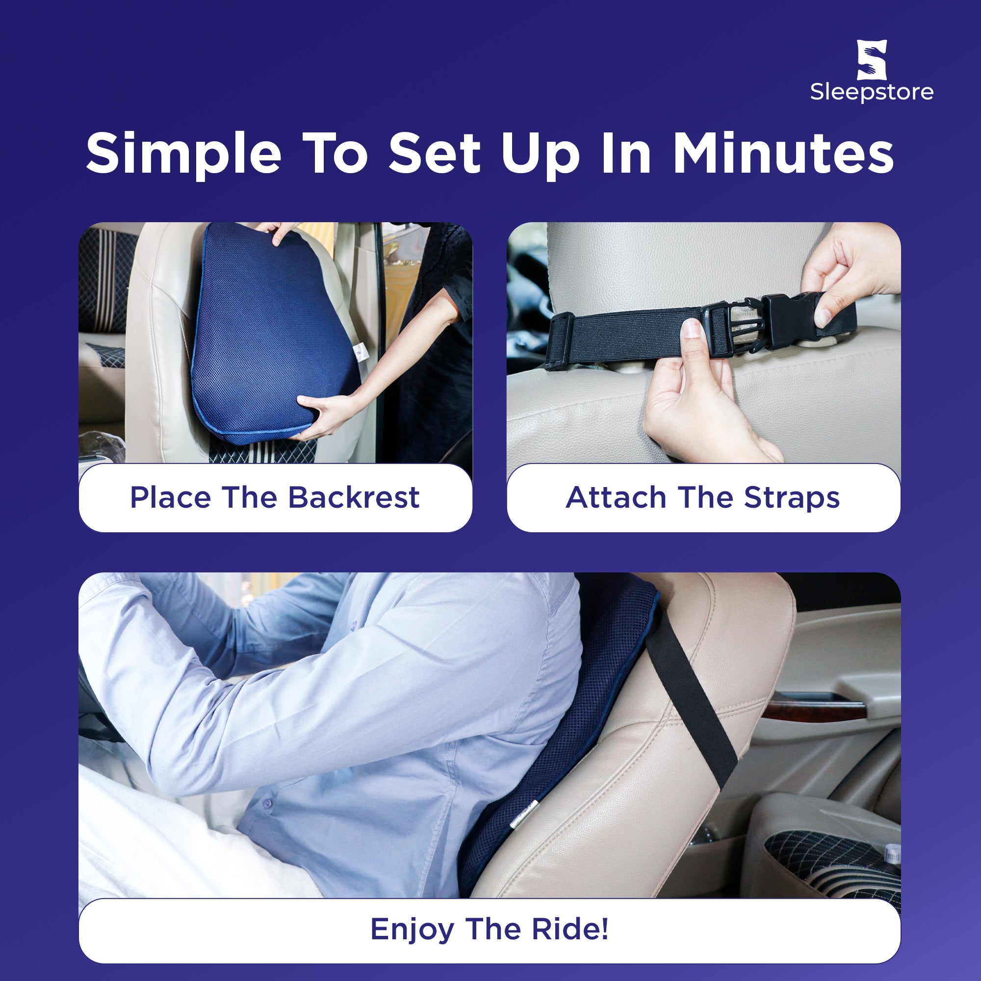 Step-by-step guide showing how to set up a car backrest pillow with straps for comfort.