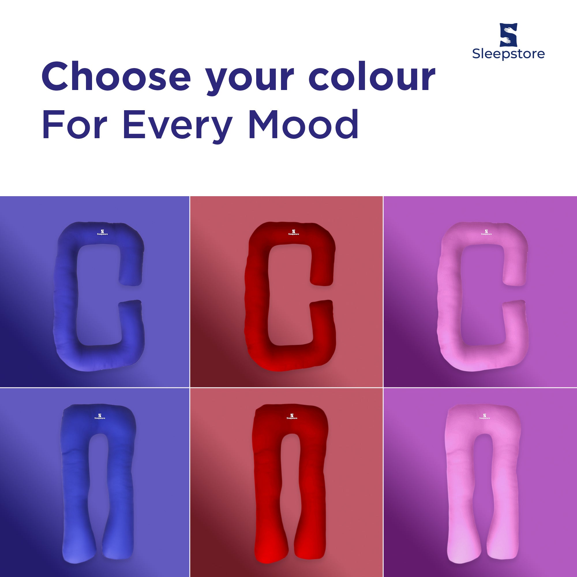 C-shaped and U-shaped maternity pillows in blue, red, and pink color options.