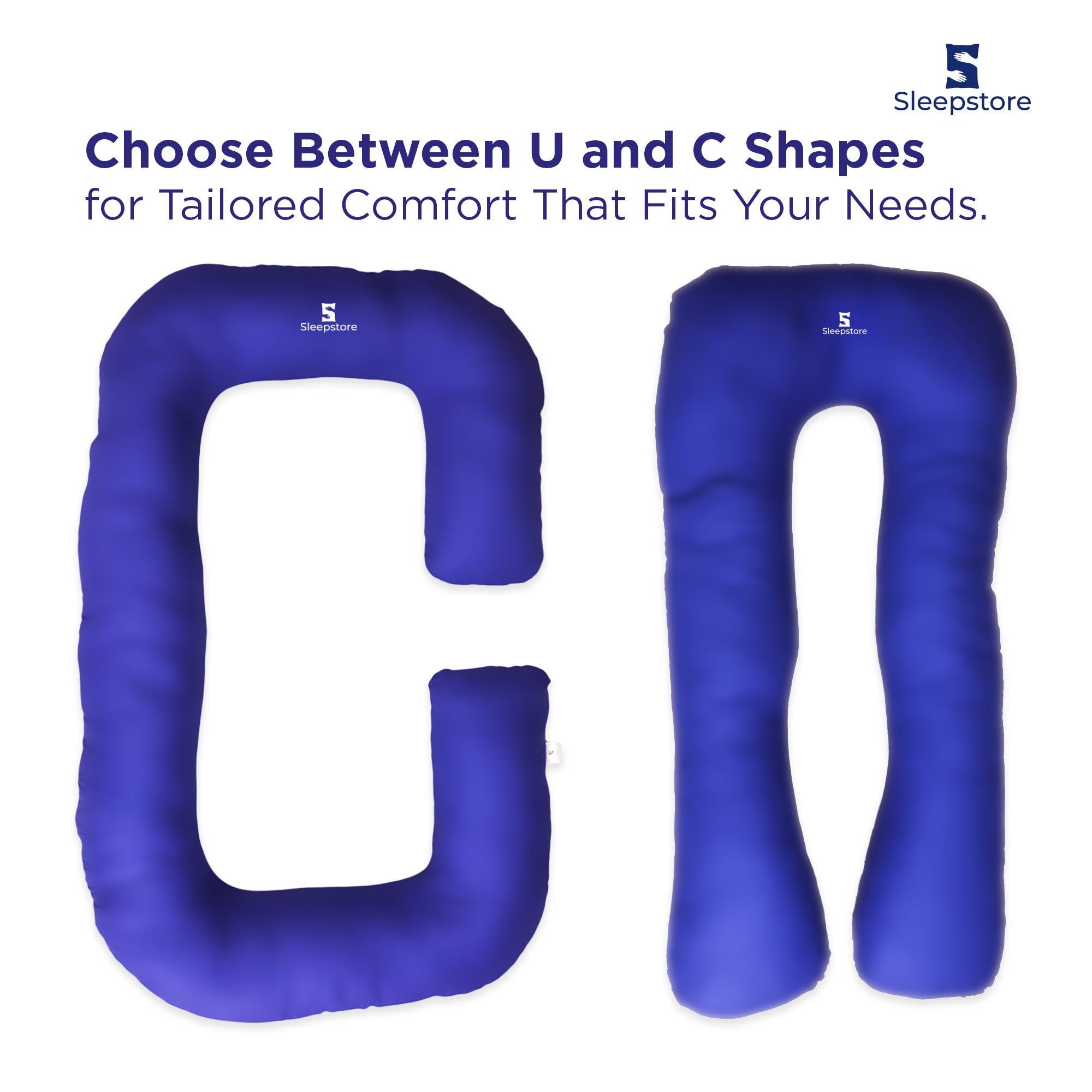 Blue U-shaped and C-shaped body pillows shown for customized comfort and support.